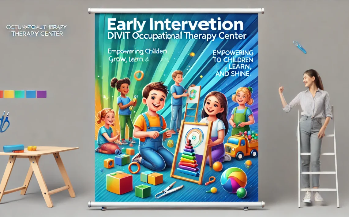 DALL·E 2024 12 31 16.09.54 A professional and vibrant banner for a pediatric occupational therapy center. The banner includes playful elements like colorful building blocks the